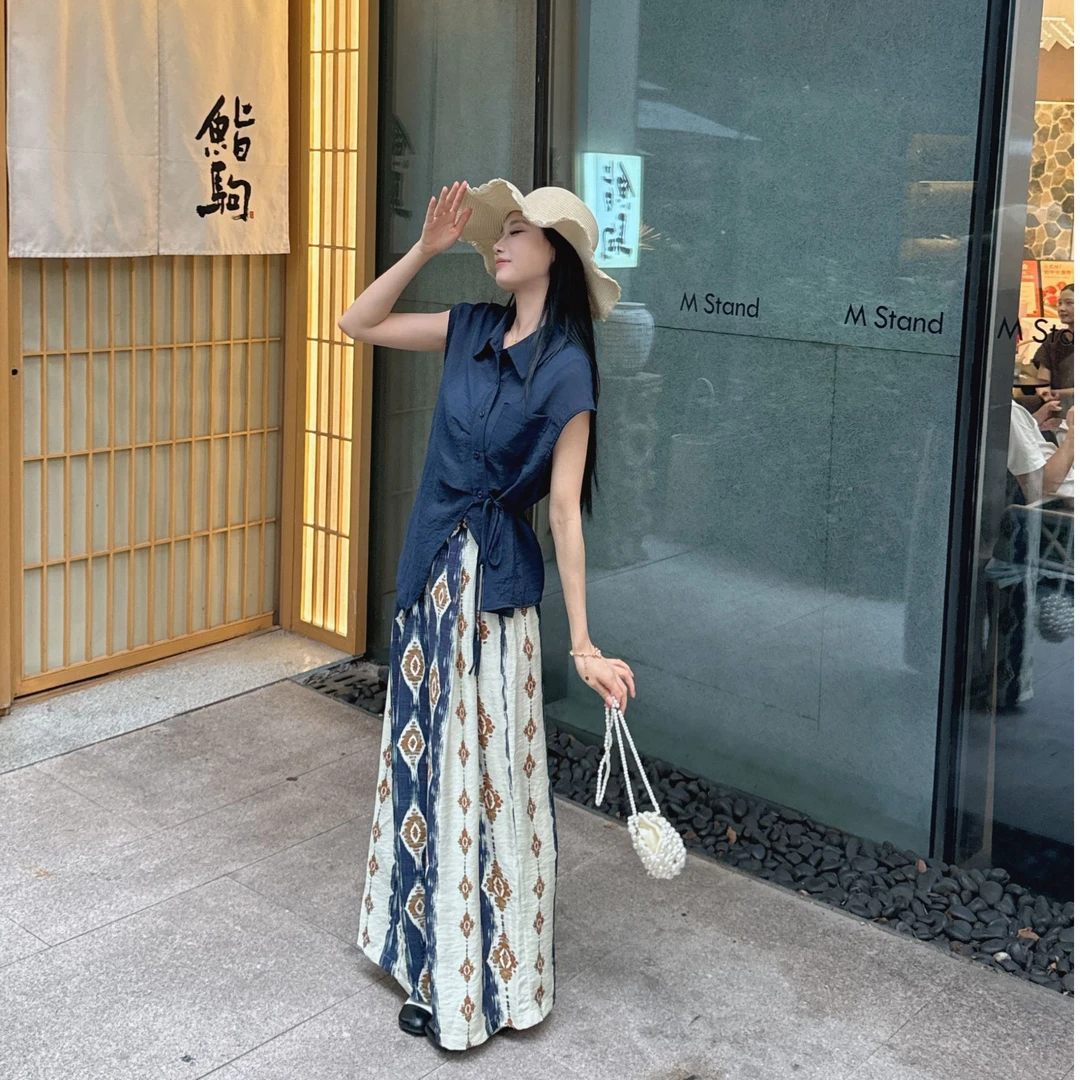 夏季一整套穿搭设计感不规则衬衫配气质复古休闲印花阔腿裤两件套