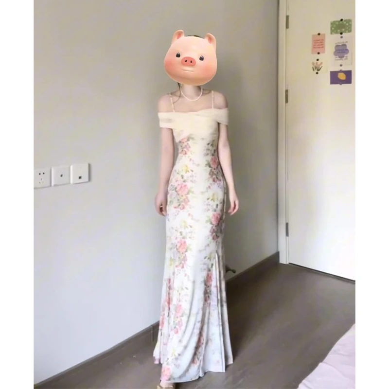 吊带连衣裙女2025春夏新款法式复古一字肩收腰显瘦气质碎花裙子