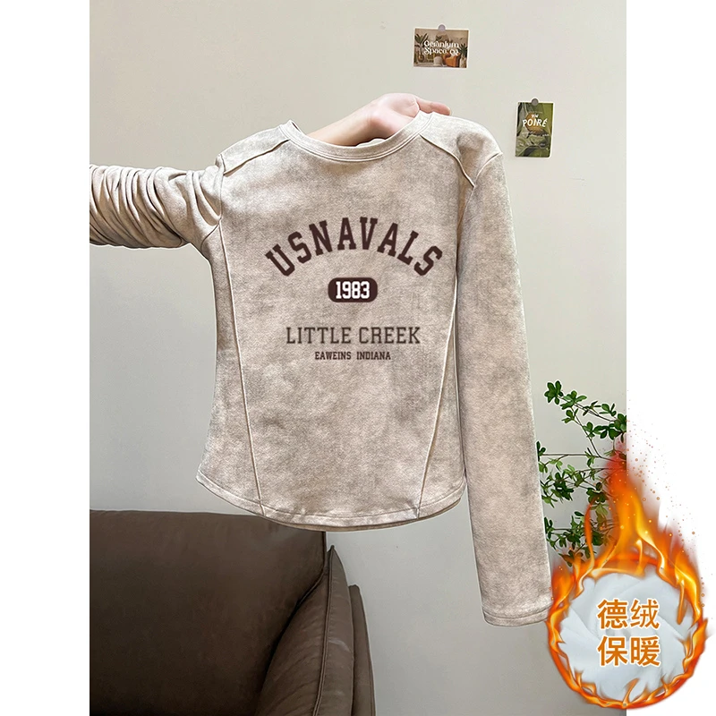 秋冬季美式扎染德绒正肩磨毛长袖t恤女设计感加厚内搭打底衫上衣