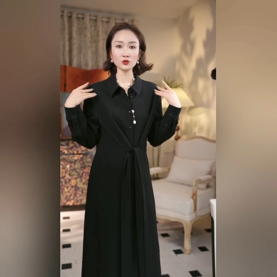 葭恩BZ曜石黑三醋酸时尚休闲腰部褶裥装饰衬衫裙0399