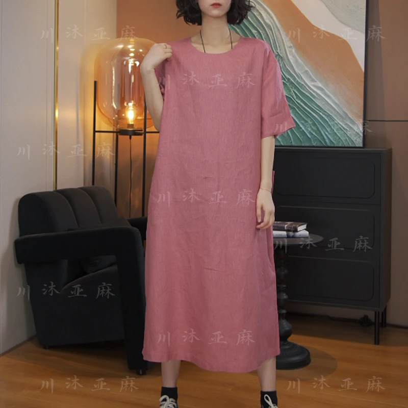 2025夏季欧韩纯色时尚圆领女士亚麻连衣裙宽松气质复古长裙女宽松