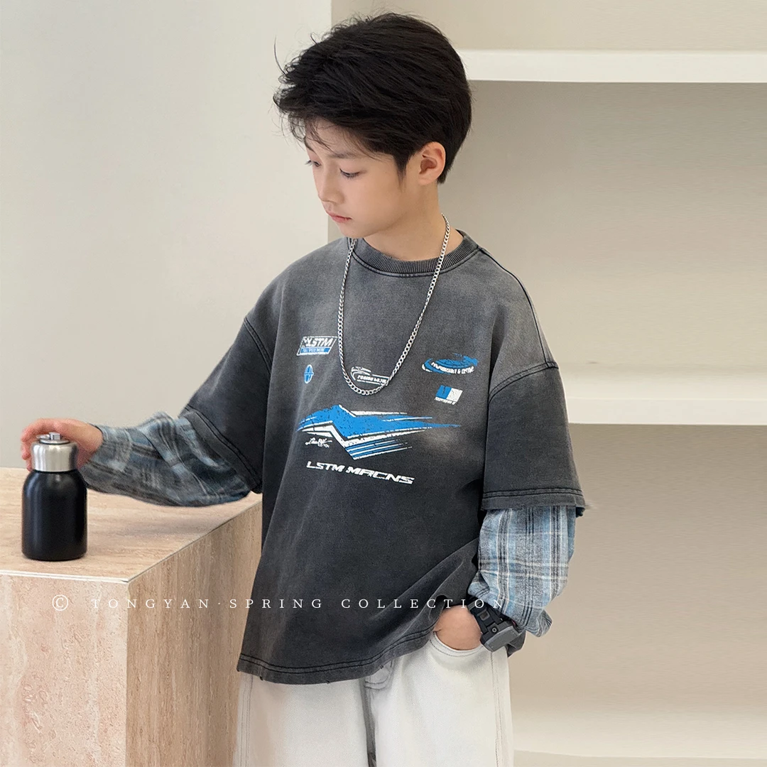 男童长袖T恤2025春装新款中大童帅气儿童假两件炒色上衣潮酷23061
