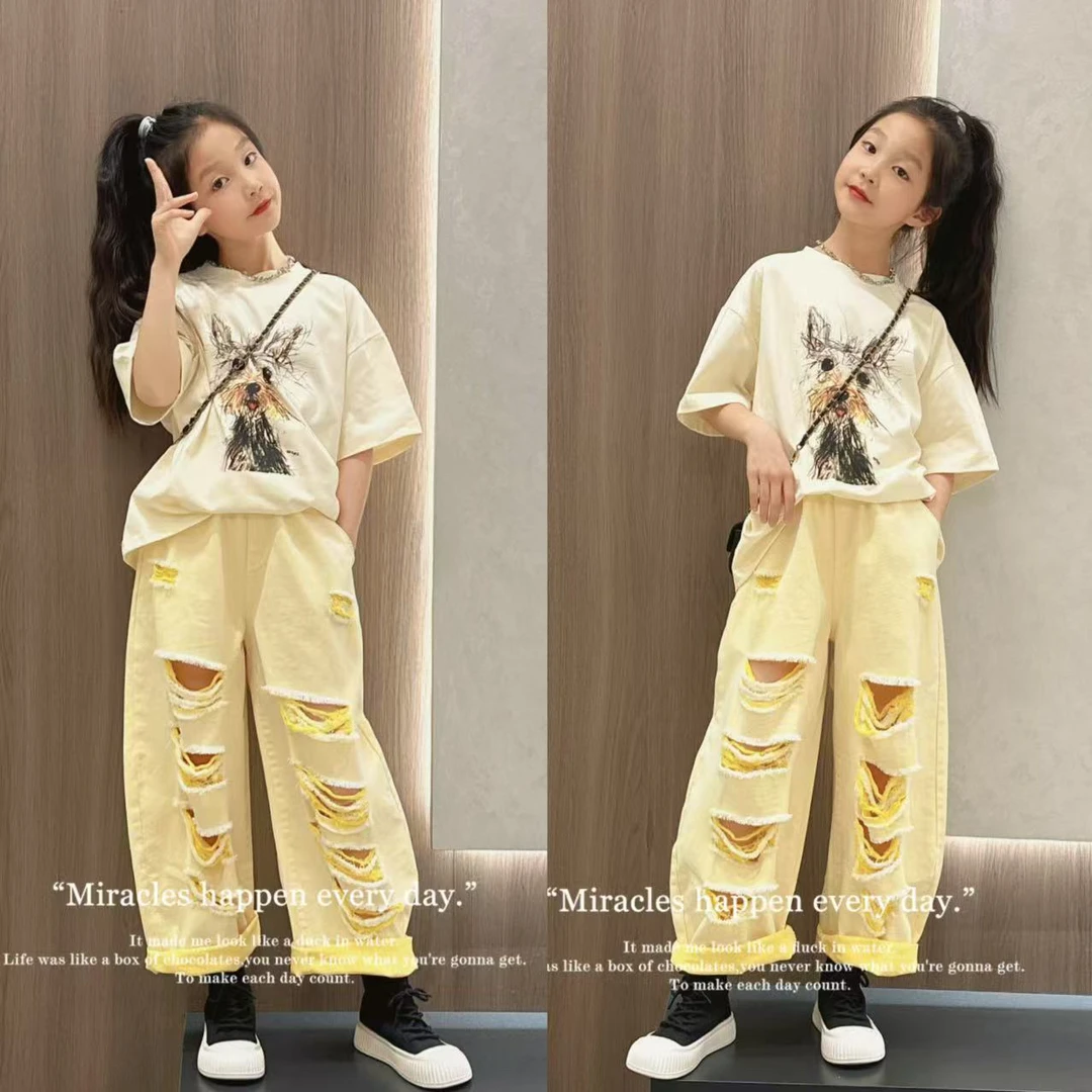 女童夏装休闲2025新款洋气时尚韩版破洞牛仔裤夏季t恤短袖潮