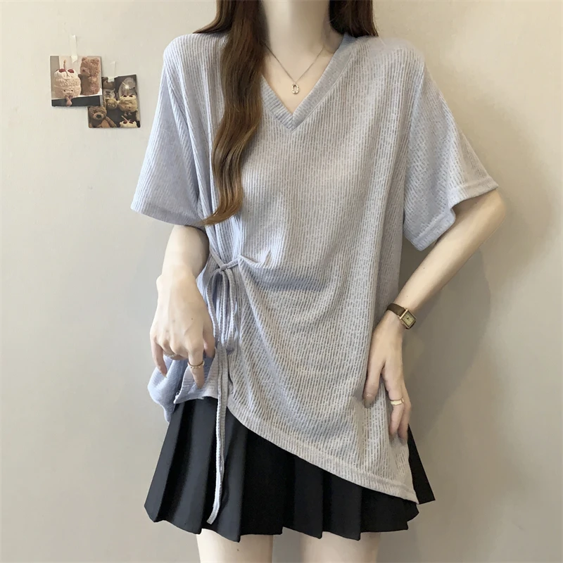 设计感不规则v领短袖t恤女夏季大码微胖mm收腰中长款独特别致上衣