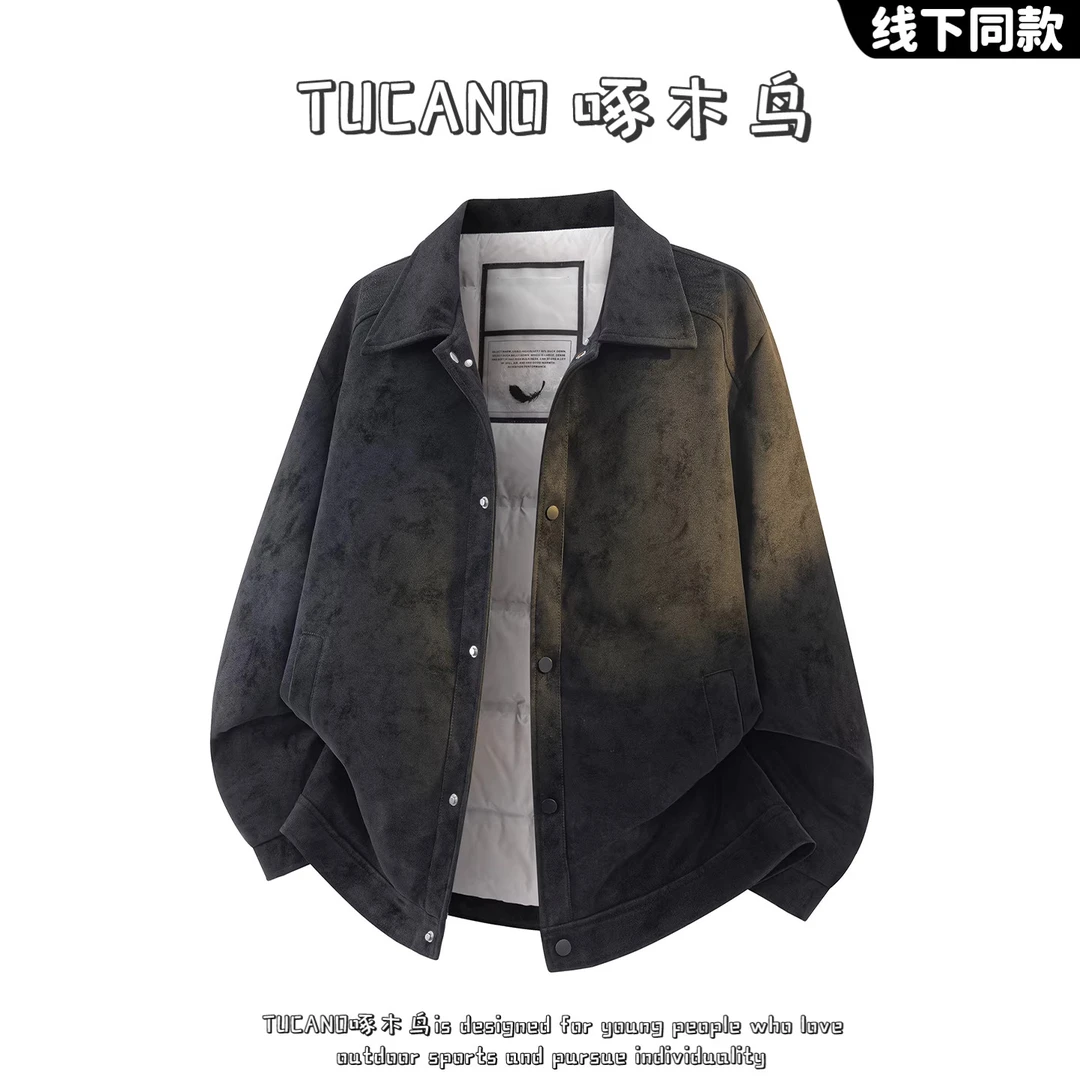 啄木鸟男士冬季新款翻领鸭绒羽绒服保暖防寒加厚美式休闲短款夹克