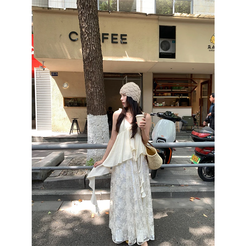 2025性感度假风重工刺绣吊带长裙设计感V领蕾丝拼接假两件仙裙女