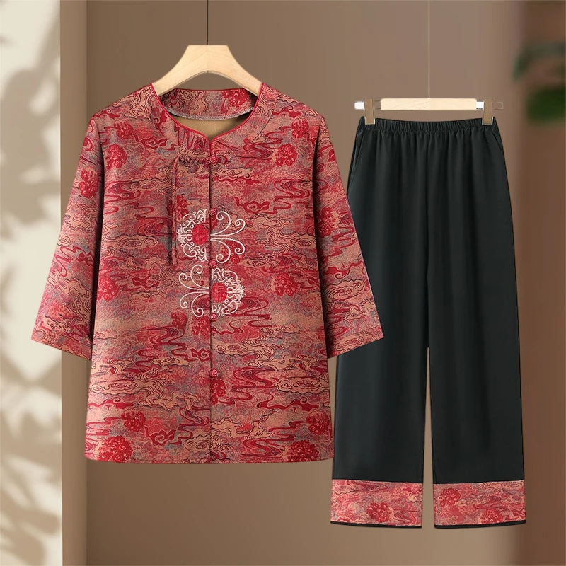 妈妈夏装衬衫七分套装女装中式奶奶中老年人老太太两件套老人衣服