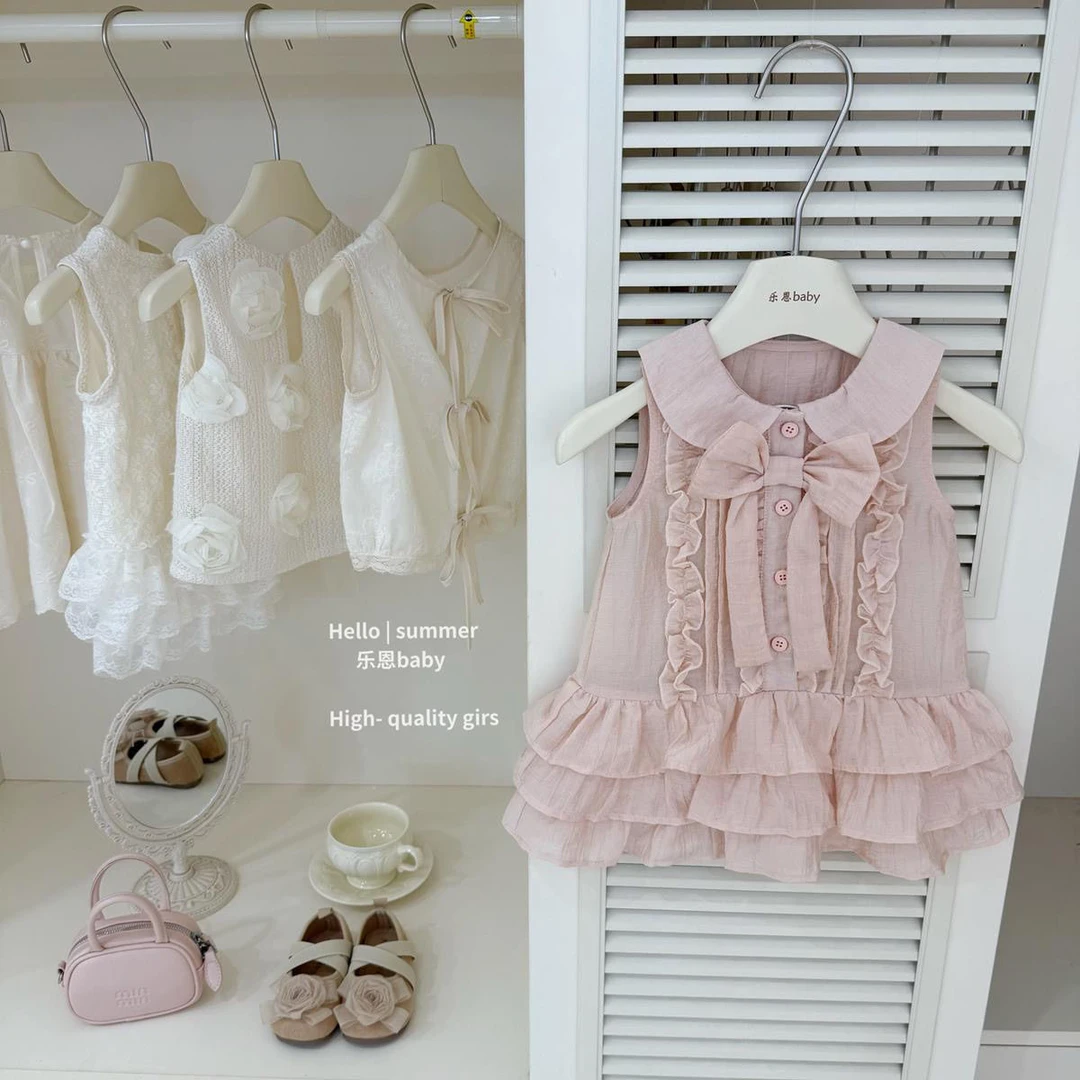 女童夏季新款连衣裙粉色翻领蝴蝶结无袖裙女宝宝背心裙