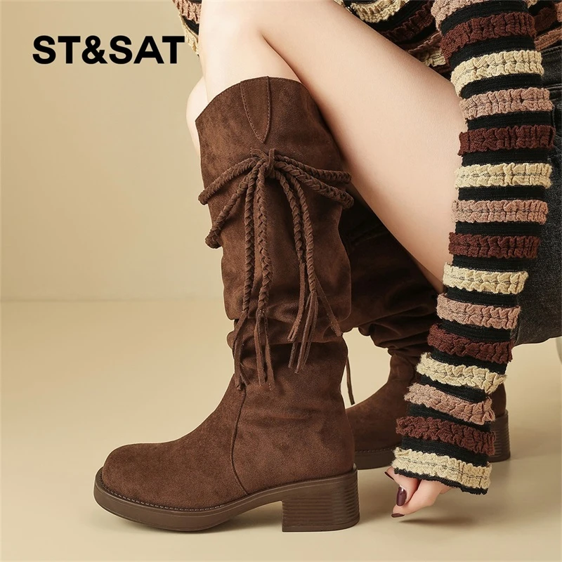 星期六复古流苏时装靴女2025粗跟显瘦不过膝西部靴中筒显瘦堆堆靴