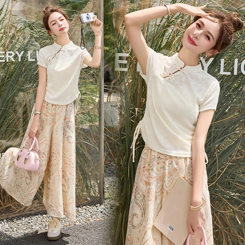 新中式国风复古盘扣套装女2025夏季新款时尚气质印花阔腿裤两件套