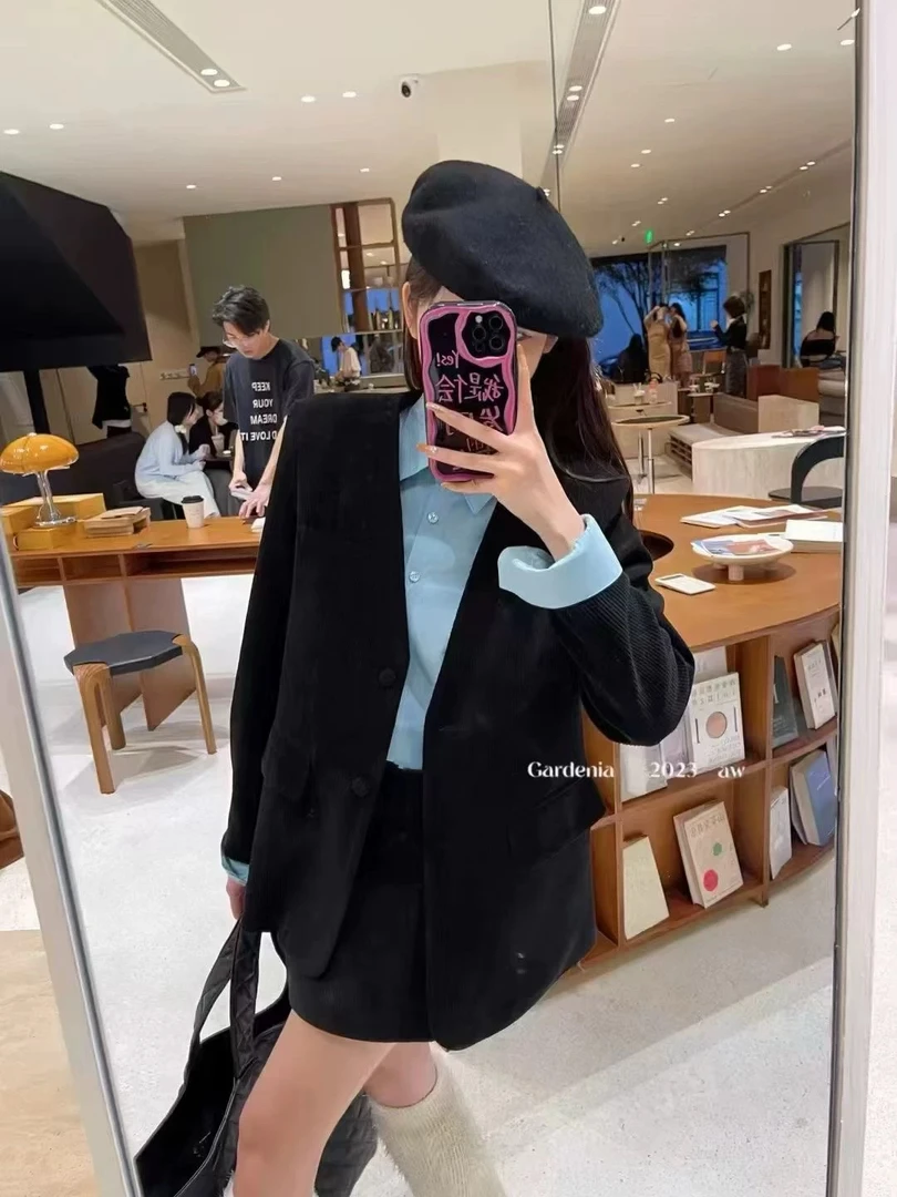 冬新款韩版一整套显瘦夹棉宽松休闲西装外套+半身裙 两件套