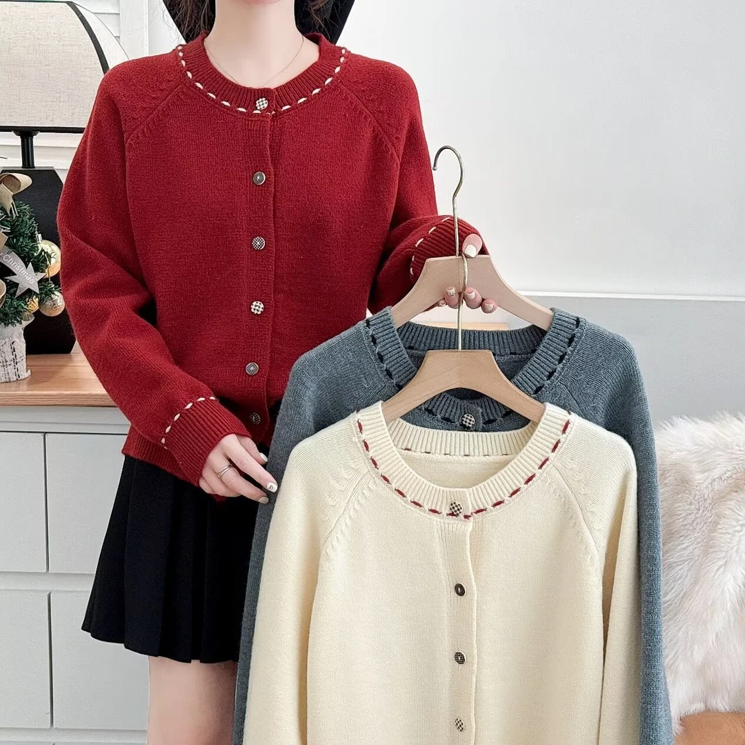 大码女装秋冬款时尚宽松气质显瘦圆领拼接针织开衫2415