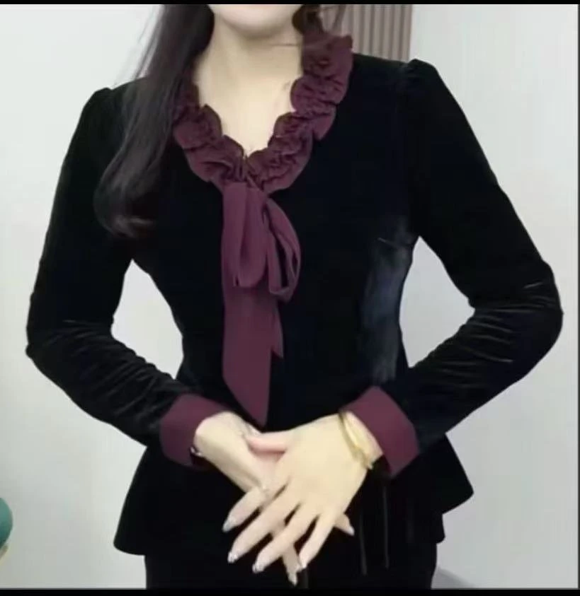 常规花边领绑带金丝拼接女装