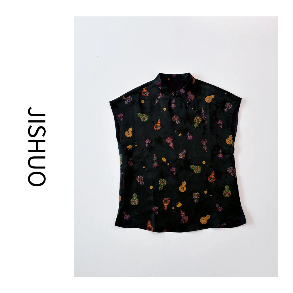 真丝背心时尚百搭复古中式印花无袖背心衬衫中国风