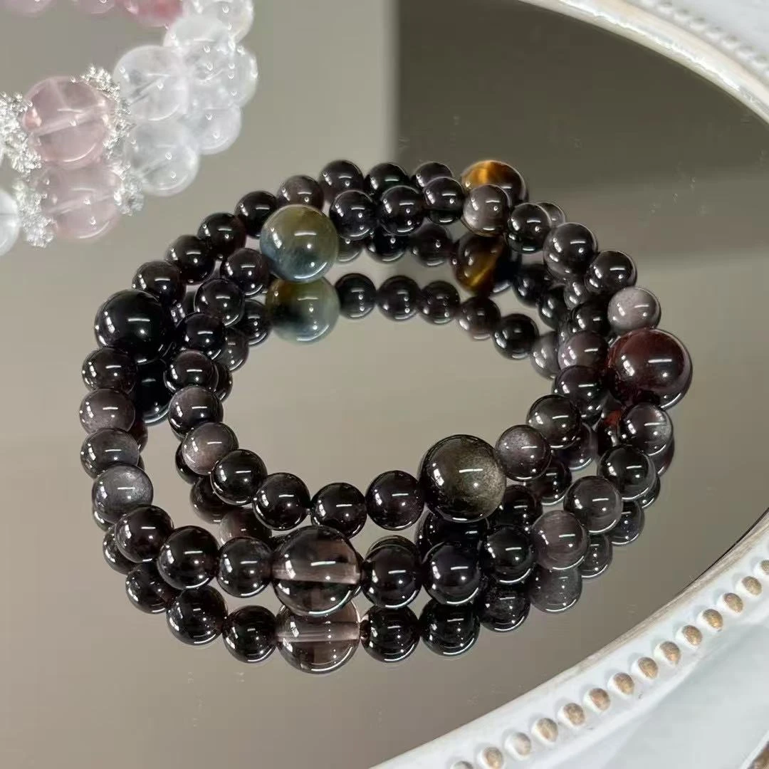 天然银曜石搭配虎眼石双圈手串男女生时尚水晶文玩手链手串珠6mm