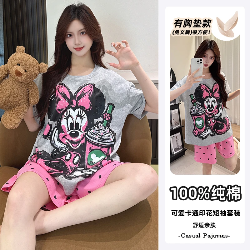 2025年夏季纯棉短袖短裤可外出睡衣女宽松休闲简约睡衣家居服套装