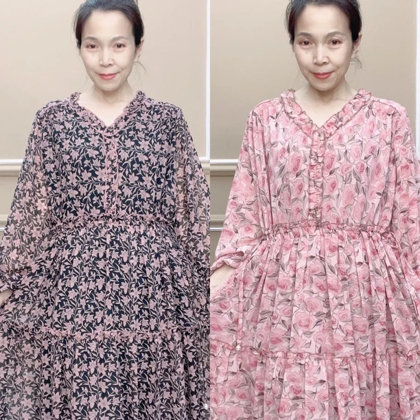 木耳边连衣裙碎花显瘦长袖时尚休闲洋气夏季大码