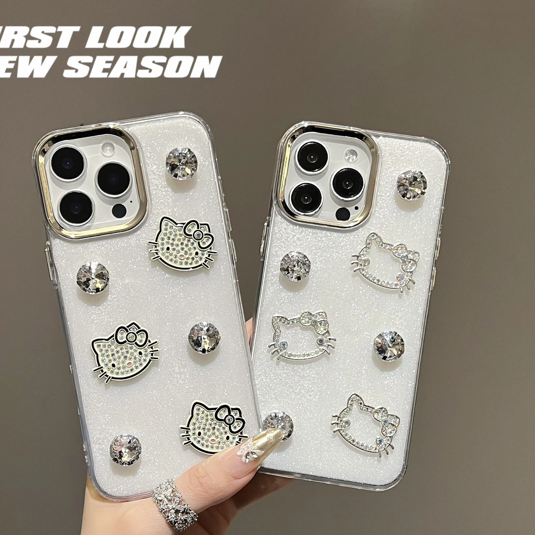 适用苹果16手机壳奶白闪钻kt猫14pro少女15promax小众保护套15女