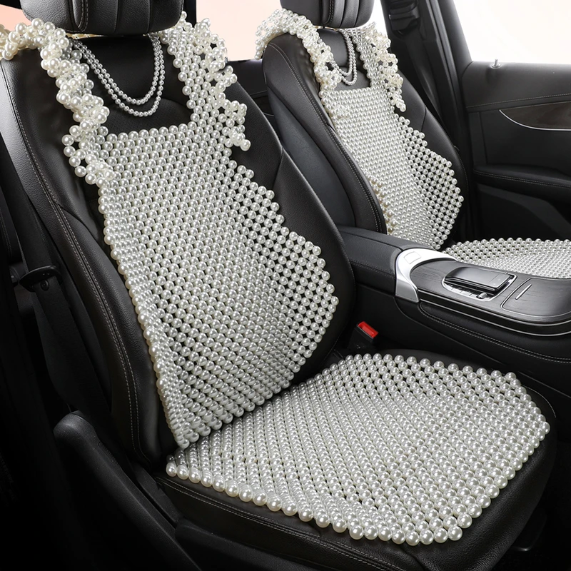 【纯白初黛】高奢款纯手工重工仿珍珠汽车坐垫春夏透气靠背单件套装