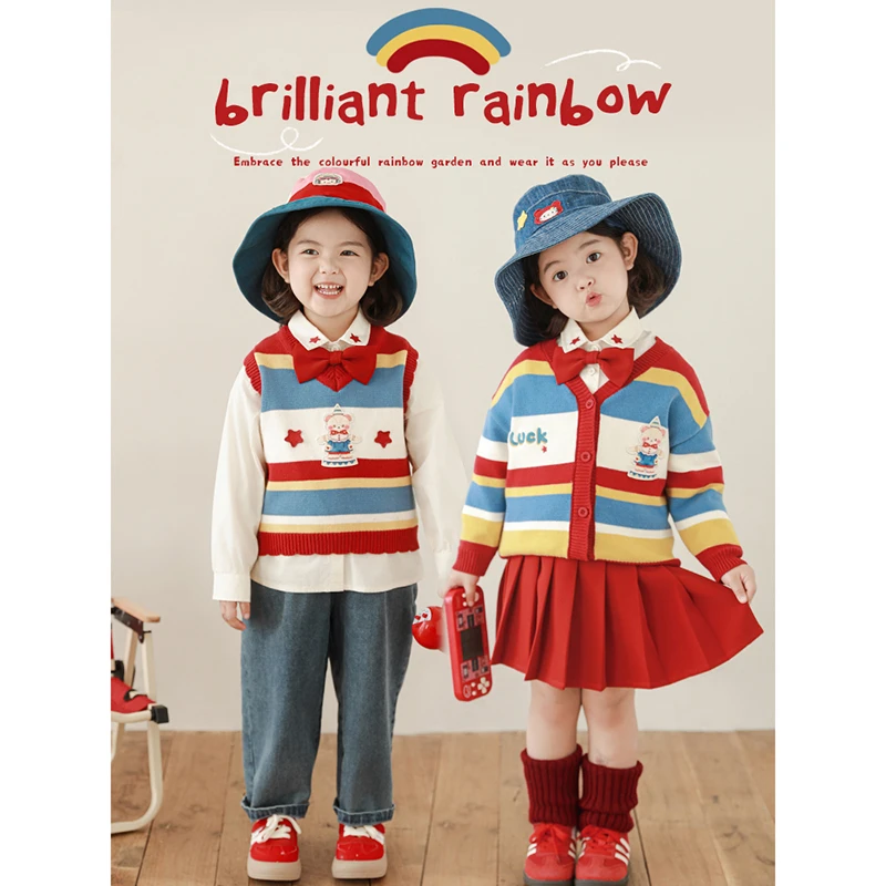 幼悠女童春季红蓝条纹套装儿童V领毛衣背心简约翻领衬衫多件套潮