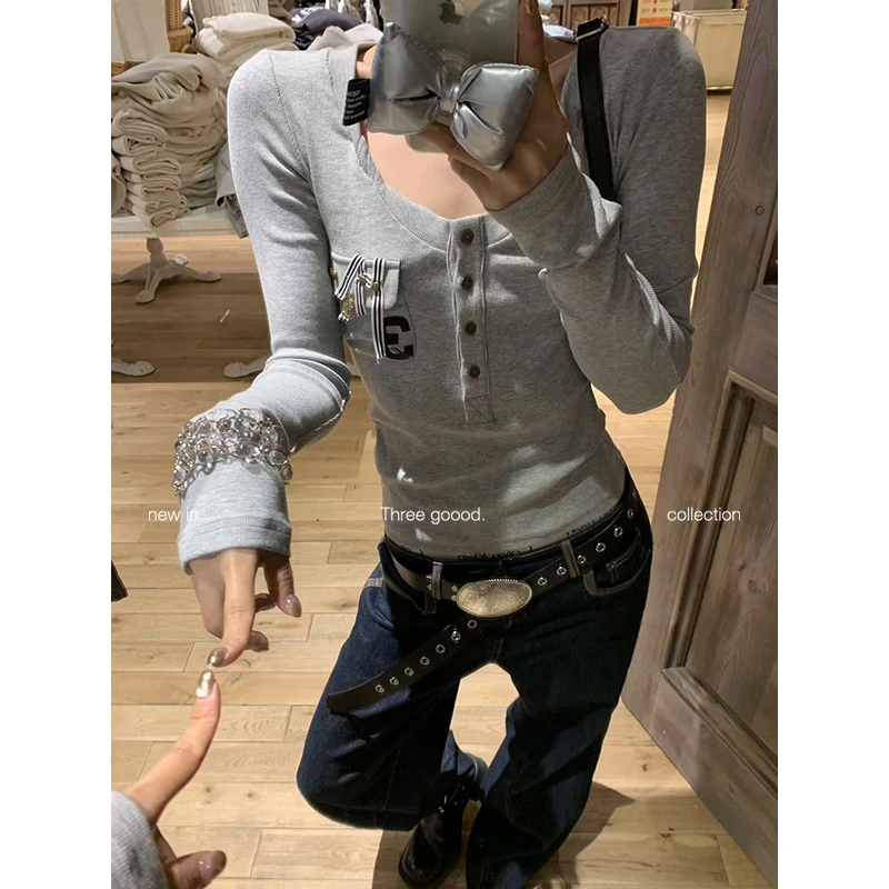 THREE GOOOD/三吉圆领长袖上衣女装饰口袋设计休闲t恤Y725Y00709