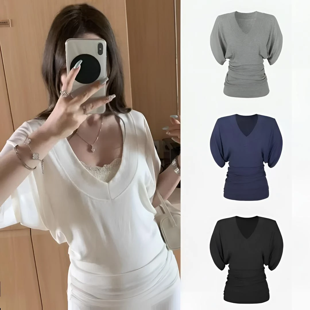 大码辣妹慵懒风宽松V领短袖T恤女胖mm打底衫蝙蝠袖罩衫上衣9886