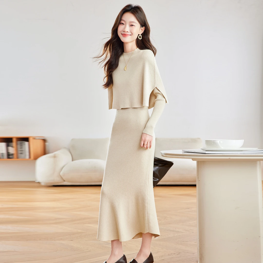 2025秋冬新款长款针织包臀裙斗篷披肩两件套时尚连衣裙 SH20226