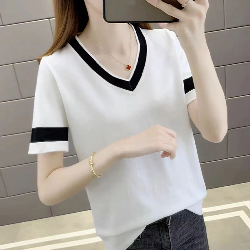 【莱赛尔天丝】~V领拼色针织短袖女休闲简约减龄显瘦打底上衣 1087