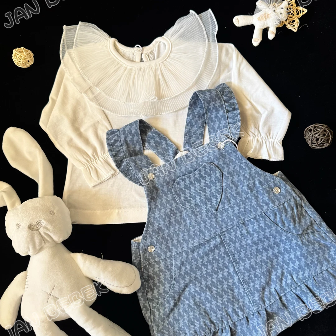 女宝套装2025秋季新款纯棉荷叶领T恤➕甜美花边牛仔背带裙套装