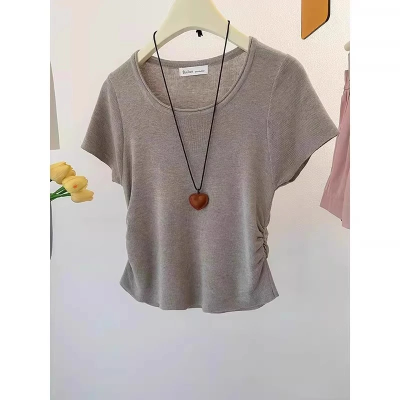 芯娇晴法式冰丝小飞袖短袖正肩t恤修身收腰短款针织上衣薄女夏季