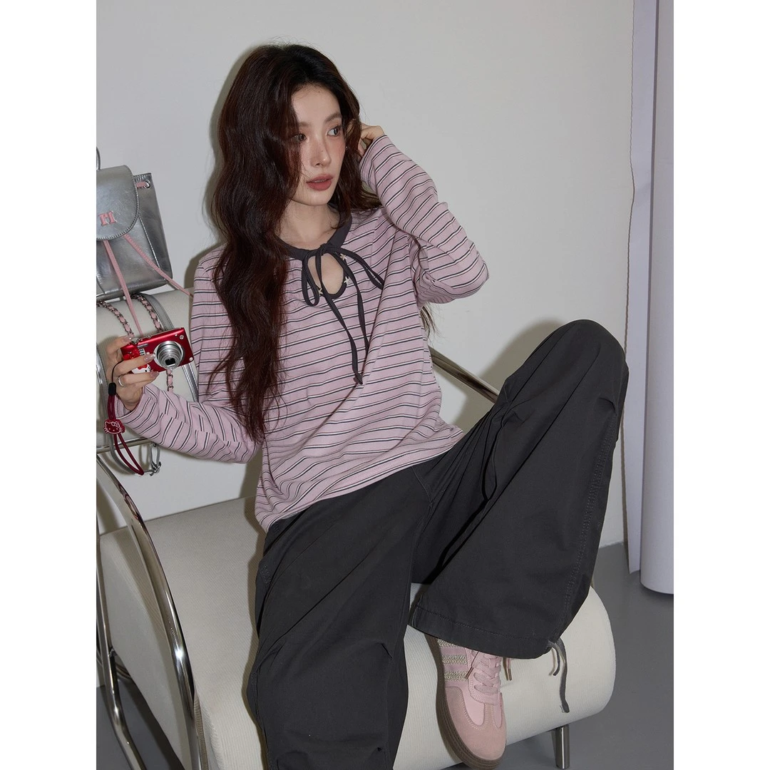 韩系慵懒风粉色条纹长袖t恤女秋季宽松显瘦百搭超好看打底衫上衣