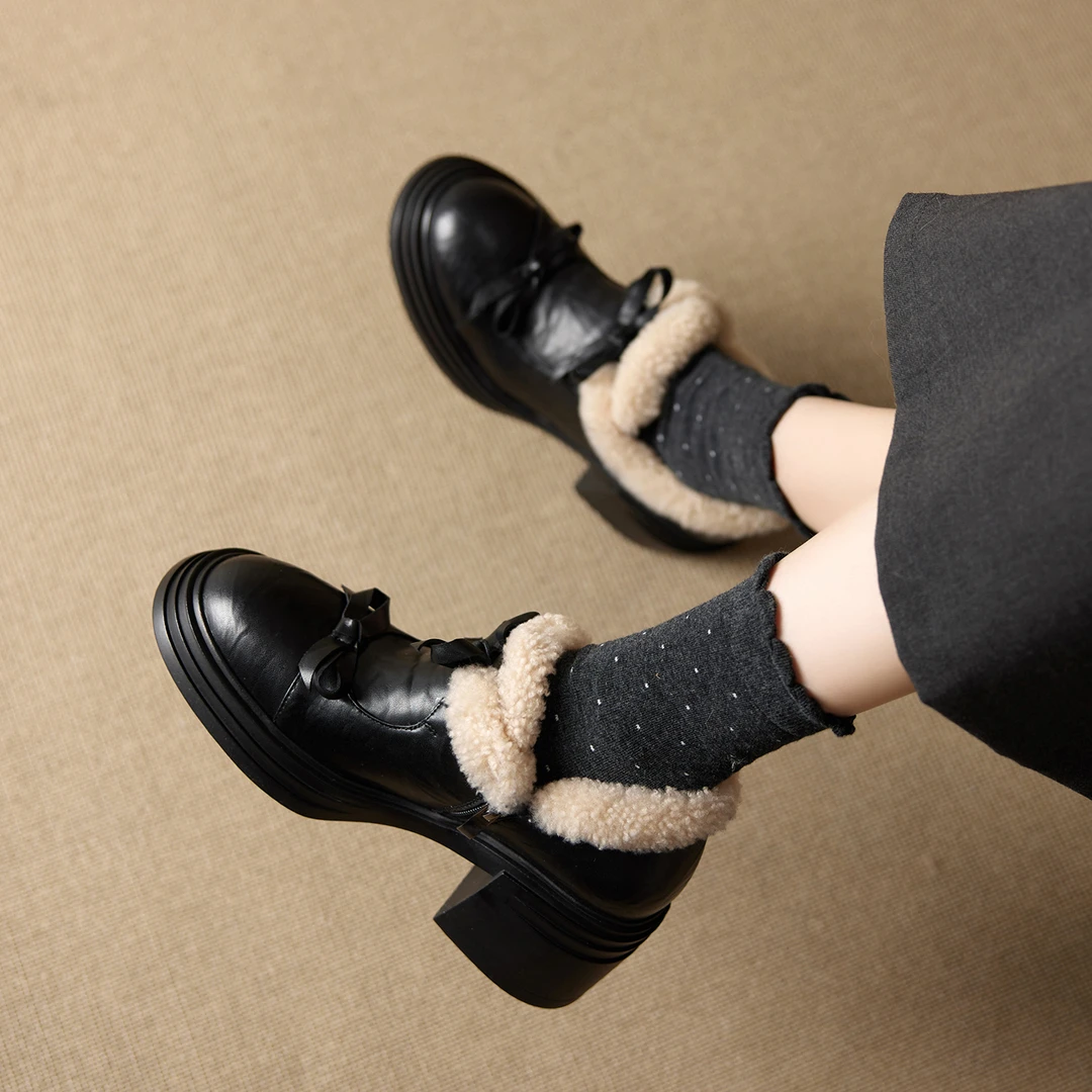 小个子手工女鞋7.5cm~加绒蝴蝶结深口单鞋复古百搭高跟皮鞋乐福鞋