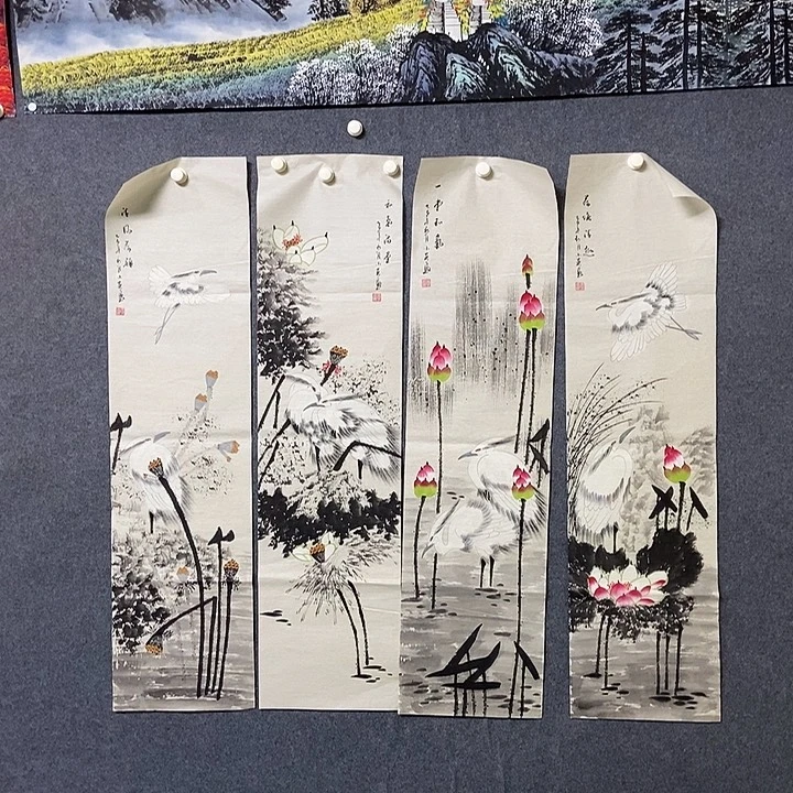 国画四条屏荷花一幅