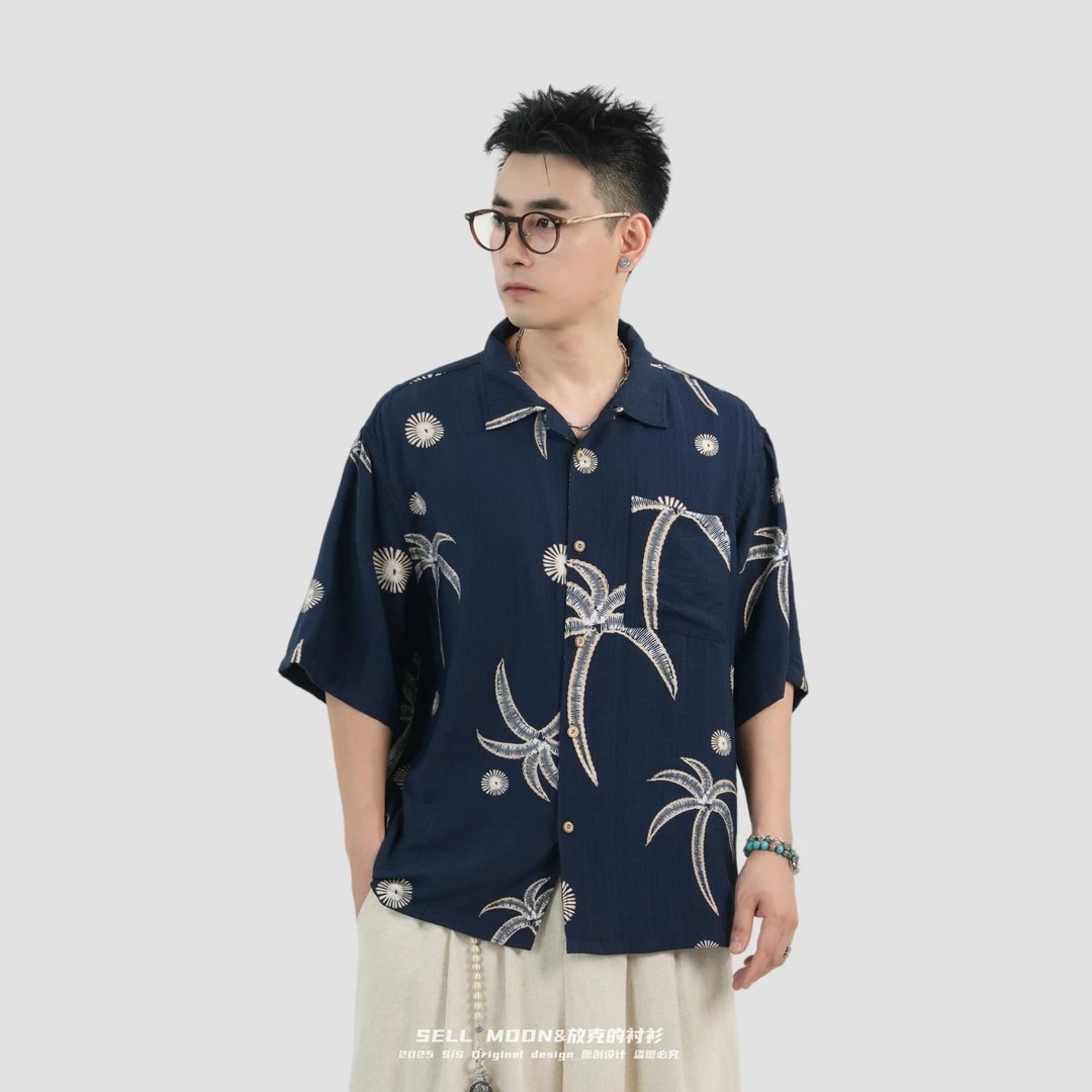 SELLMOON夏季休闲宽松印花轻薄透气痞帅慵懒男士花衬衫男短袖衬衫