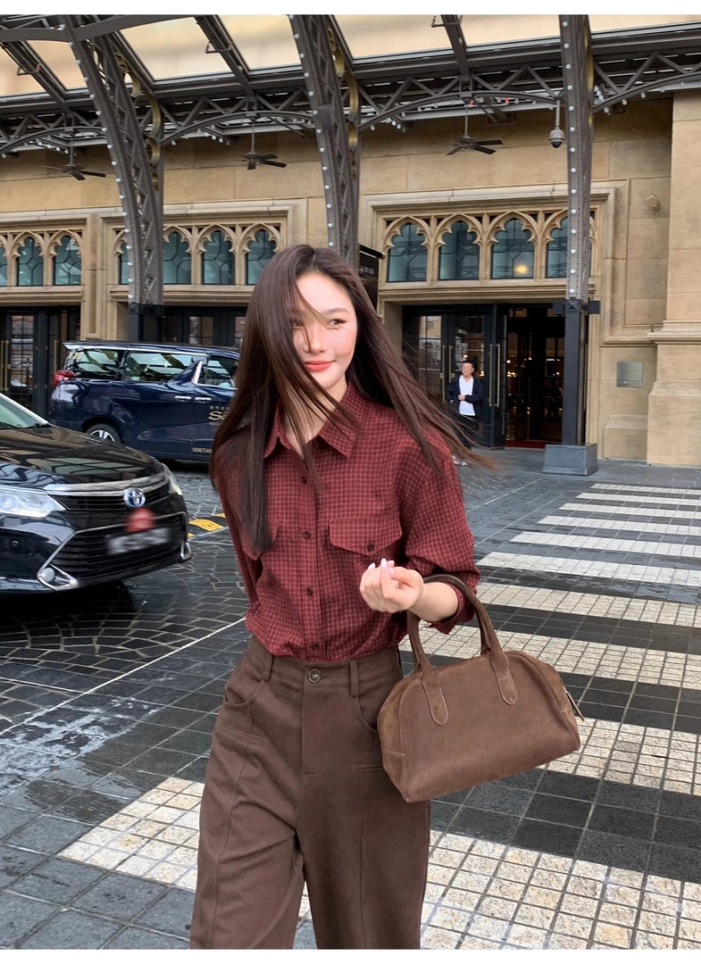 冬日特调~复古格子长袖衬衫女2025新款宽松显瘦设计感别致衬衣