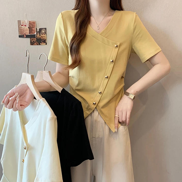 2025夏季新款胖mm大码女装简约休闲V领设计别致短袖T恤上衣33901