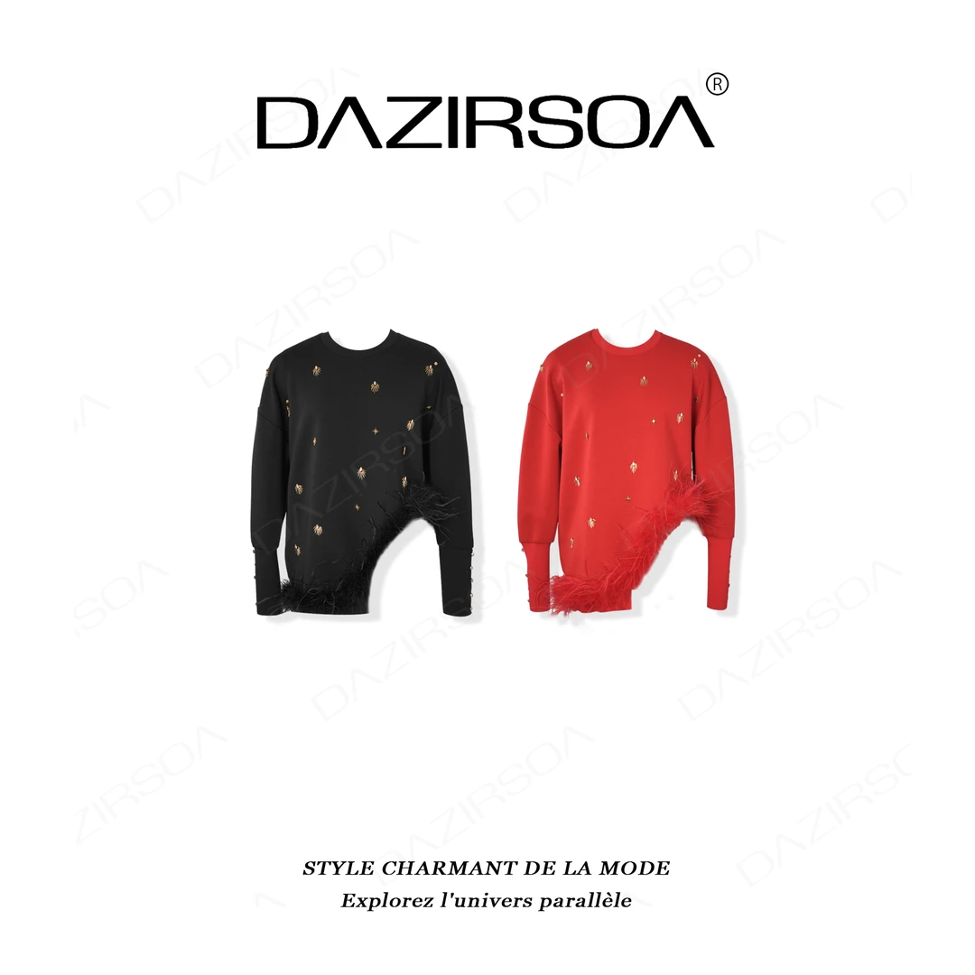 DAZIRSOA/达姿“质感玩味”时尚百搭拼接毛毛洋气不规则卫衣 AA501
