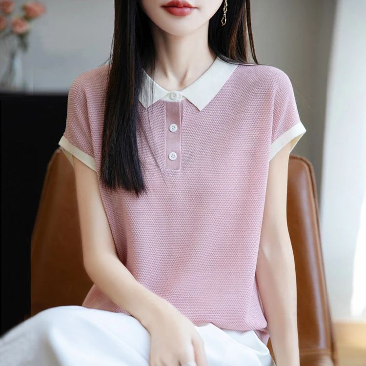 2025夏季新款时尚洋气显瘦百搭天丝宽松针织短袖t恤女士拼色上衣