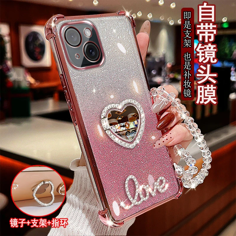 适用于苹果14plus手机壳气囊镶钻指环支架防摔保护套镜头全包女款