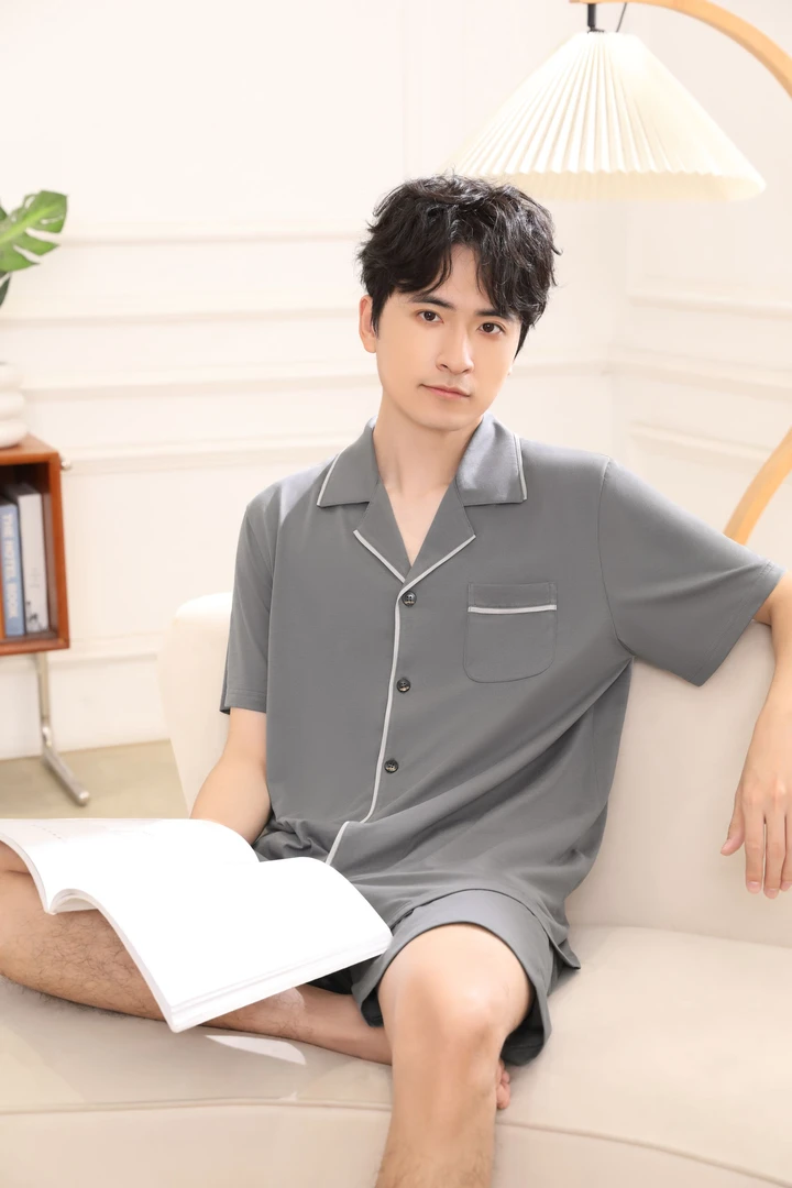 丽人湾夏季青年家居服套装薄款透气夏天短袖透气舒适翻领睡衣