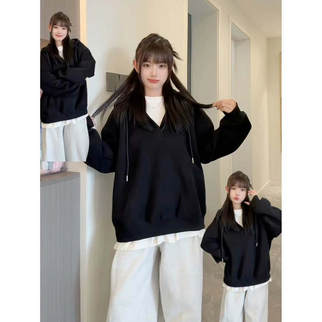 2025新款美式设计感连帽卫衣女假两件秋冬宽松加绒加厚小众ins潮