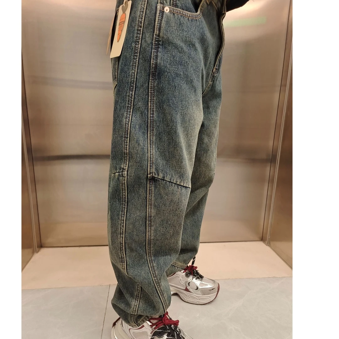 MUMU秋冬加绒款重磅美式复古水洗小弯刀牛仔裤立体裁剪长裤微锥版