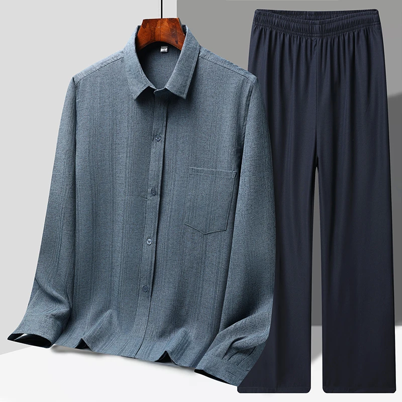 夏季中老年人长袖男士衬衫春秋爸爸套装薄款宽松爷爷休闲衬衣衣服