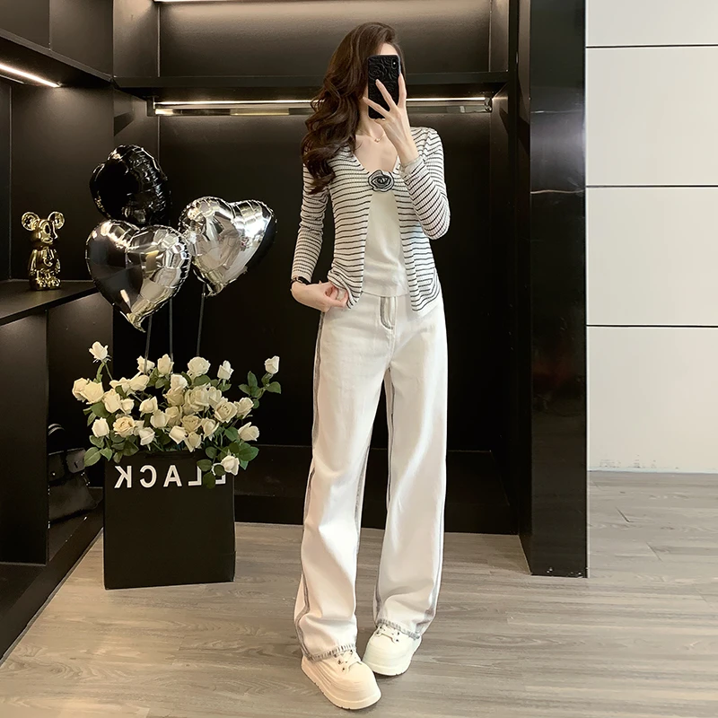 早秋氛围感假两件针织衫韩系设计感条纹上衣直筒牛仔裤宽松阔腿裤