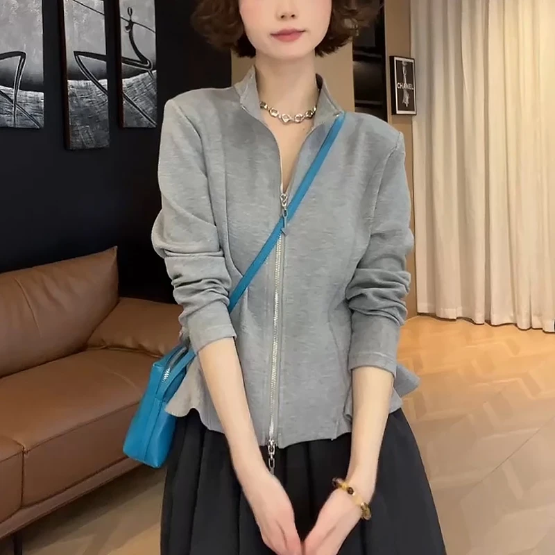 春季新款洋气时尚小众鱼尾摆立领上衣设计感双头拉链显瘦百搭卫衣