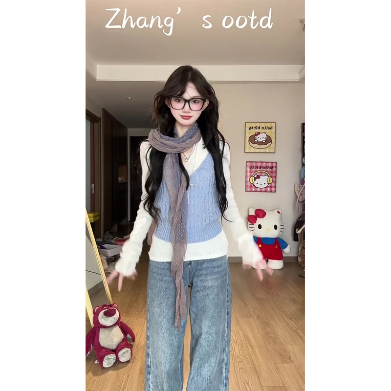 韩系百搭长袖打底衫上衣叠穿蓝色针织吊带背心高腰显瘦阔腿牛仔裤