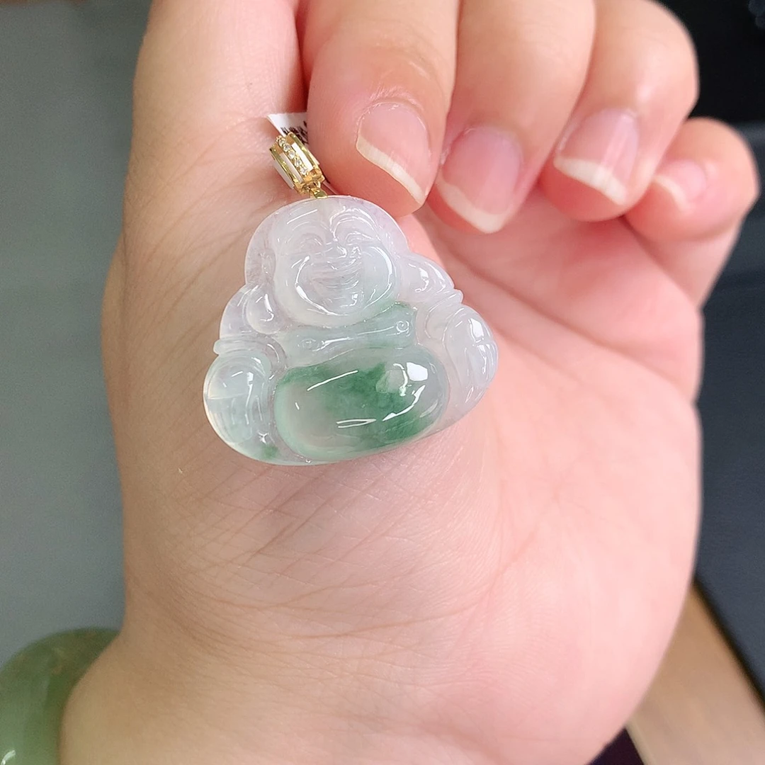 翡翠18K金镶嵌颈饰冰飘绿佛公26-29-5.8如