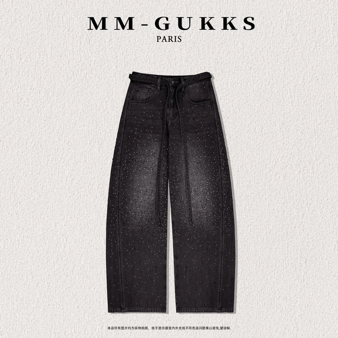 明明GUKKS『明日之星』美式满天星闪钻高定黑色显瘦弯刀裤牛仔裤