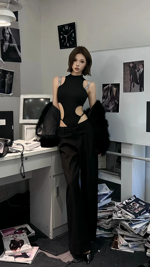 2025秋冬新款欧美风辣妹性感镂空挂脖连体衣配显瘦休闲裤两件套女