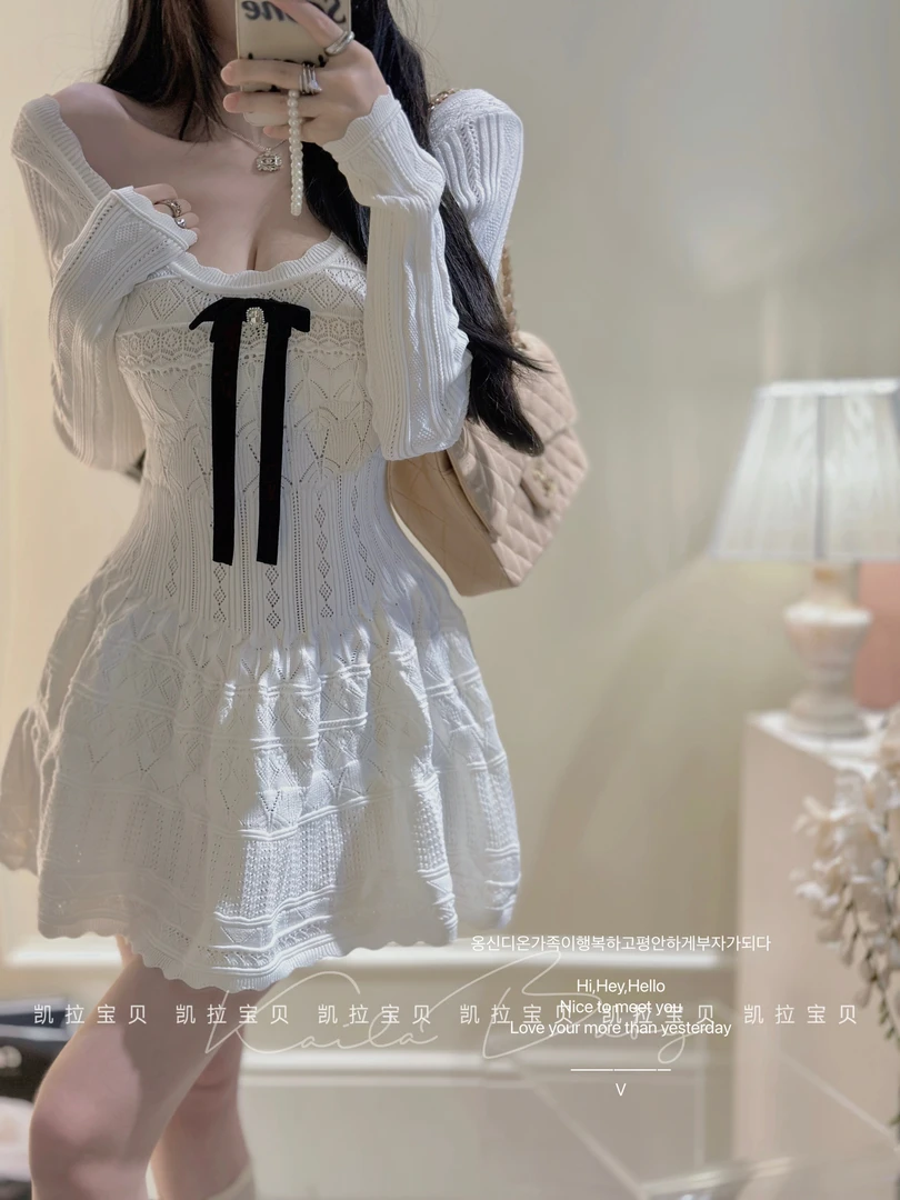 pinkmoon||千金少女白月光小白花温柔蝴蝶结钩花针织连衣裙